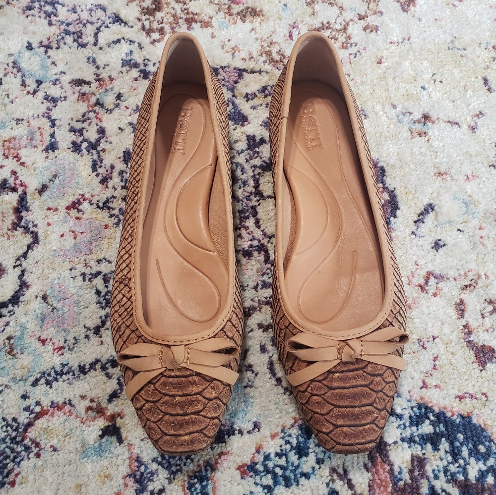 Born Tan Textured Pointed-Toe Ballet Flats with Knot Bow